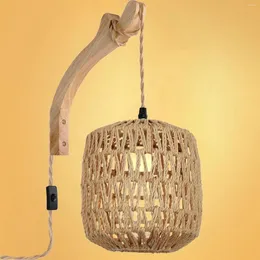 Wall Lamp Handwoven Shade Mounted With Wood Bracket E26 Base Adjustable Cord Sconce For Indoor Nursery Bedside