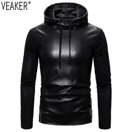 Erkek Hoodies Sweatshirts Erkek Pu Hoodies Sweatshirts Erkek İnce Uygun Sahte Deri Kapüşonlu Ceket Siyah Üstler S-2XL 231205