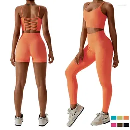 Conjuntos activos Traje de yoga para mujer Tela de costilla sin costuras Traje de entrenamiento físico Sujetador deportivo elástico Pantalones cortos Leggings Conjunto de gimnasio Chándal de 3 piezas para mujer