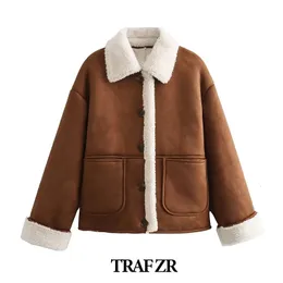 Womens Jackets Traf Zr Winter Leather Fur Wool Coats Parkas Elegant Aviator With Pocket Windbreaker 231204