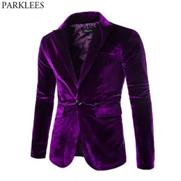 メンズスーツブレザー輝く紫色の1つのボタンベルベットブレザージャケットメンスプリングスリムフィットクラブパーティーウェディングドレス男性マスキュリノ231206