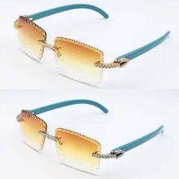 Luxuriöse, mit Moissanit-Diamanten besetzte, randlose blaue Holzsonnenbrille 8200757 Herren-Big-Stones-Diamant-Original-Holzbrille Blaue Damen-Designer-Linse mit Diamantschliff