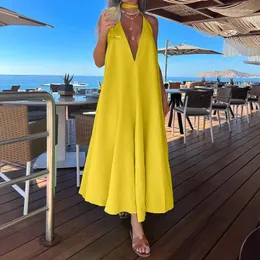 Vestidos casuales Wepbel Y2K Camis Vestido de playa Mujeres Color sólido y cuello en V con cordones Sin mangas Estilo de vacaciones Big Swing Largo