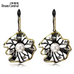 DreamCarnival 1989 Lotus Flower Earrings Hollow Created Pearl CZ Black Gold Color Hip Hop Pendientes tipo gota Parties Jewelries 2252T