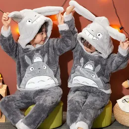 Pijamas inverno totoro pijamas conjuntos para crianças flanela quente com capuz sleepwear meninos engrossar homewear meninas noite terno animal pijama crianças 231202