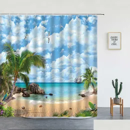 Занавески для душа Пляж Пальмы Закат Гавайи Океан Природный пейзаж Полиэстер Декор для ванной комнаты Ткань Комплект штор для ванны R2307 Dhbye