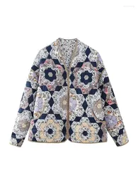 Women's Trench Coats MESTTRAF Women 2023 Fashion Y2k Double Sided Floral Print Cotton Padded Jacket Coat Vintage Long Sleeve Female