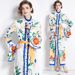 Flare Kollu Vintage Tasarımcı Gömlek Elbise Kadın Mock Boyun İnce Dantel Yukarı Zarif Baskı Yüksek Bel Tatil Boho Maxi Elbiseler 2023 Bahar Sonbahar Tatlı Sevimli Pist Frocks