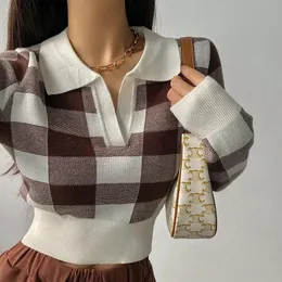 Kvinnors tröjor Autumn Winter Vintage Knitwear Crop Tops Women Pullover Fashion Female Long Sleeve Elastic Casual Plaid Sticked Shirts 231206