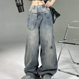メンズジーンズのトレンディな性格ストリート洗浄されたソリッドカラージーンズ女性のハイウエストストレートチューブ古いズボンゆるいモッピングレトロパンツ231206