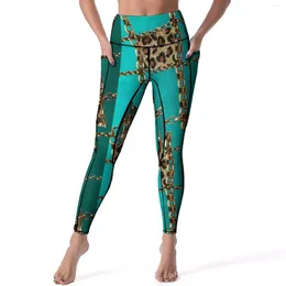 Женские леггинсы с золотым принтом цепочки для йоги, леопардовый дизайн с животными, леггинсы для фитнеса и бега, женские винтажные эластичные спортивные колготки