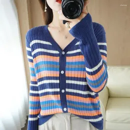 Women's Knits Women Spring Fashion Commute Vintage V-Neck Knitwear Cardigan Color Striped Button Look Thinner Versatile Long Sleeves Top