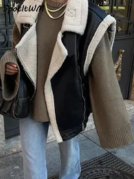 Chalecos de mujer Chaleco sin mangas de remiendo de lana de cordero de cuero de imitación Mujeres Chic Fleece Fake Fur Chaleco cálido 2023 Otoño Invierno Lady Outwear 231206