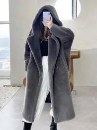 Pele feminina pele sintética inverno teddy bear casaco feminino dupla face roupas de pele médio longo casaco de pele de cordeiro com capuz moda quente 231206