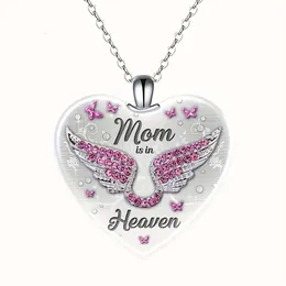 Rhinestone Wing Pink and Mom is Heaven Letters Detail Heart Shape Alloy Pendant Necklace in Memory of Passed Mother