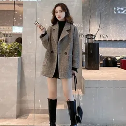 Kvinnorjackor Gidyq Woolen Blazer Coat Women Korean Casual Single Button Tweed Suit Vintage Chic Long Sleeve Office Lady Jacket Autumn Winter 231205