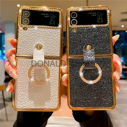 Mobiltelefonfodral Luxury Plating Gold Bling Diamond Ring Cover för Samsung Galaxy Z Flip 3 Flip 5 Glitter läderfodral för Samsung Galaxy Z Flip 4 J231206