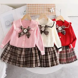 Girl's Dresses Girl's knitted dress new girl cardigan top+plain pleated dress autumn sweater western knitted 2023 knitted two-piece set 2312306