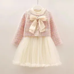 Clothing Sets Fashion Girl Elegant Plaid Set Autumn Woolen Bow Coat Mesh Princess Dress 2Pcs Toddle Children Outerwear Baby Clothes 1 10Y 231206