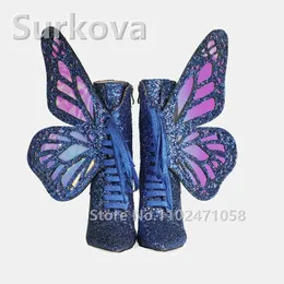 Boots Butterfly Wings Glitter High Heels Ankle Women Pointed Toe Lace Up Short Ladies Stiletto Dress Runway Shoes 231206