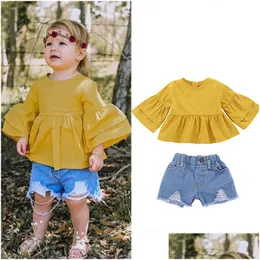 Kläder sätter baby flickor kläder gul flare hylsa toppsaddhål denim shorts 2pcs/set sommar mode butik barn b11 droppleverans dhnpx