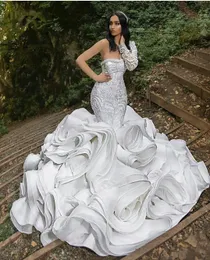 Luxury Ruffles Mermaid Wedding Dress Bridal Gowns Pleats Beads One Shoulder Chapel Train Gorgeous Nigerian Arabic Marriage Vestidos De Novia