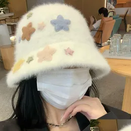 Berets Autumn And Winter Rabbit Hair Dopamine Show Face Small Water Bucket Hat Female Cute Star Plush Fisherman Warm Er Basin Drop D Dhvbm