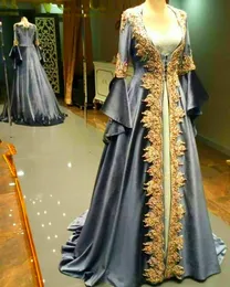 Elgant Moroccan Kaftan Evening Dresses With Golden Lace Appliques Flare Long Sleeves A Line Gray Vlevet Formal Occasion Dress For Women 2024 Prom Gown