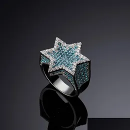 Med sidorstenar Hexagon Star Sier Color Blue Iced Out Cubic Zircon Rings Micro Paled Diamond Hip Hop Jewelry For Gifts208b Drop Del Dho6j