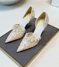 أعلى جودة أحذية غير رسمية أزياء النساء مضخات حفل زفاف الزفاف الزفاف Aurelie PostedToe مع زخرفة لؤلؤة أبيض الدانتيل العالي الكعب