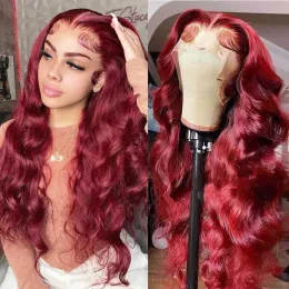 30 tum 99J Bourgogne Body Wave Spets Front Hume Hair Wig Colored Glueless Red Perk för kvinnor Röd HD spets frontala peruk