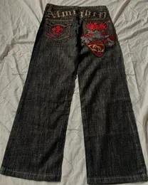 Calças de brim das mulheres y2k calças americanas high street patchwork monograma bordado jeans homens goth harajuku moda wideleg 231206