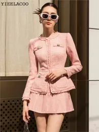 Abito a due pezzi Completo veste e giacca in tweed rosa per femme amincissant mode professionnelle automne hiver classique nouveau 2 pezzi 231206