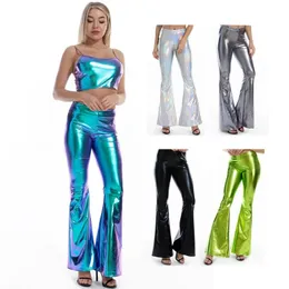 Dwuczęściowe spodnie kobiet Pantalon Sexy en cuir pu metalise pour femmes pantalon evase holographique Brillant Batterie pour scoles Taille 231206