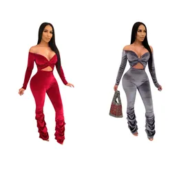 Designer-Langarm-Jumpsuits aus Samt für Damen, Herbst und Winter, schulterfrei, Strampler, sexy Jumpsuits mit tiefem V-Ausschnitt, lässige Plissee-Leggings, Großhandel für Kleidung 10396