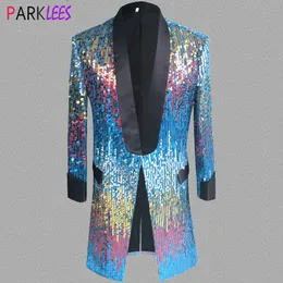 Mens Suits Blazers Shiny Colorful Sequin Extra långdräkt Jackor Män sjal krage Slim fit Cardign Party Stage Prom Singer Costume Homme 231206