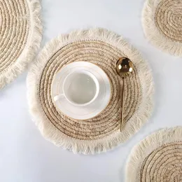 Tapetes de mesa modernos simples palha placemat casca de milho trançado borla borda espessada isolada pequena xícara de chá almofada