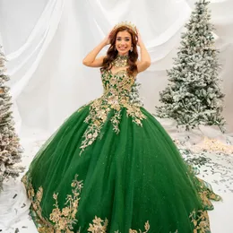 Зеленое блестящее платье принцессы Quinceanera, бальное платье с открытыми плечами, корсет с золотыми аппликациями, Sweet 15 Vestidos De XV Anos