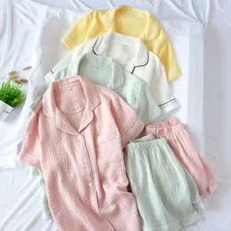 Women's Sleepwear Women's Sleepwear Summer Ladeis Sweet Candy Color Gauze Cotton Solid Color Pajamas Set Short SleevePants Women Cute Homewear Casual Wear 231206