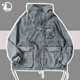 Hoodies dos homens moletons denim jaqueta com capuz homens retro lavado aflição cowboy jaquetas outono multi bolso design primavera casacos 231205