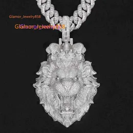 Ciondolo testa di leone Moissanite con diamanteCiondolo collana testa di leone 3D personalizzato d Colore Vvs Moissanite Gioielli Hip Hop Ciondolo in argento 925 con diamanti ghiacciati per uomo