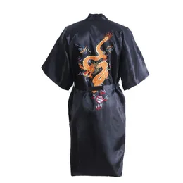 Abito da uomo in raso di seta nero cinese ricamo drago kimono abito da bagno unisex accappatoio allentato taglia M L XL XXL XXXL D0317 T2004167J