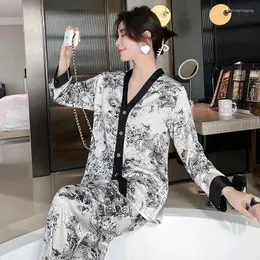 Women's Sleepwear Pajamas Sets Faux Satin Silk Pyjama Spring Summer Pijama Ladies Longsleeve Shirt Pants 2 Piece Pjs Homewear