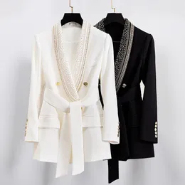 Nova moda de alta qualidade blazers feminino duplo breasted blazer auto-cinto jaqueta fivelas de metal blazer retro xale colarinho casaco