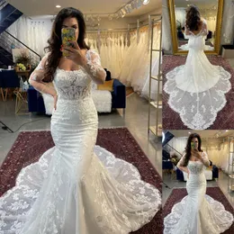 Dubai Arabisch Meerjungfrau Brautkleider Plus Size U-Ausschnitt Lange Ärmel Sweep Zug Brautkleider Bling Luxus Perlen formelle Frauen Bräute Kleider