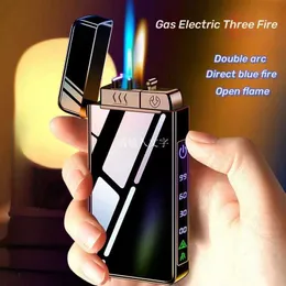Dreiflammiges elektrisches Puls-Plasma-Dual-Arc-Typ-C-Feuerzeug aus Metall, für den Außenbereich, winddicht, blau, rot, Fackelstrahl, Herrengeschenk