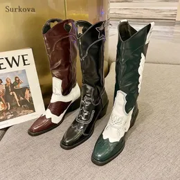 Boot Western Modern Ladies Retro Slip Üzerinde İnek Deri Ayakkabı Moda Sıradan Kama Diz Yüksek Art Cowgirl Serin 231206