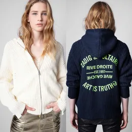 23aw Zadig Voltaire New Niche Designer Sweater Jackets ZVファッションニット手作りのかぎ針編み文字ファイン刺繍ジッパーウールルーズ女性トレンドニットコートトップ