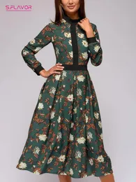 Urban Sexy Dresses Sflavor Elegant Green Printed Long Sleeve Patchwork Midi för kvinnor Vintage Aline Working Vestidos 231206