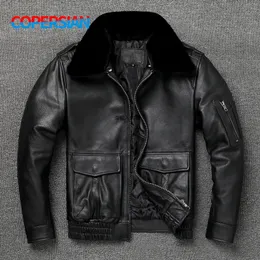 Herrläder Faux A2 Bomber Jacket Classic Style Overdimensionerad päls krage flygrock äkta läderjacka tillägg varm bomull 231206